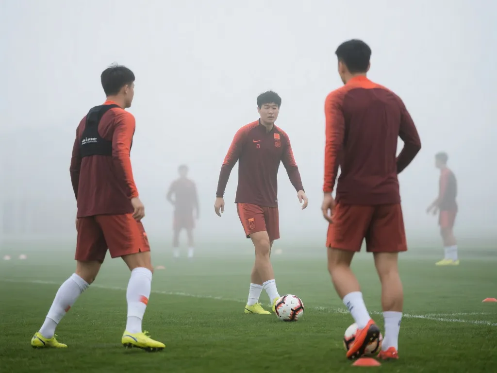 中国队在晨雾中备战东亚杯